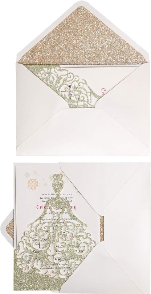 PONATIA 50 Pieces/Lot A7 Envelopes, 5.25 x 7.5'' Gold Glitter Shiny Envelopes, Perfect for 5x7'' Weddings, Invitation