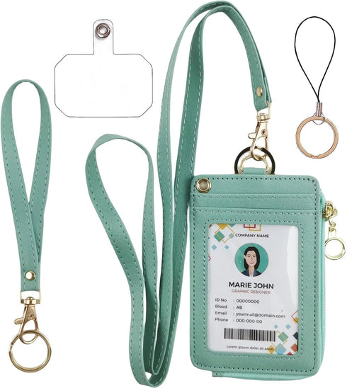ID Badge Holder with Lanyard Wallet, PU Leather Card Holder with 1 Clear ID Window, 4 Credit Card Slots, Cash Coin Slot