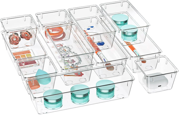 WOWBOX 12 Pack Clear Drawer Organizer Set, Acrylic Storage Trays for Makeup, Utensils, Gadgets, Office