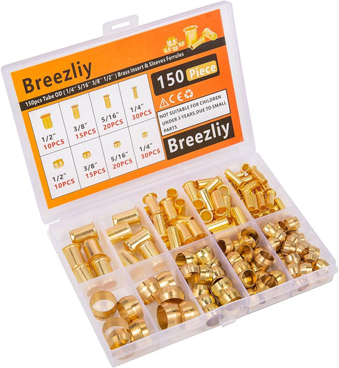 150PCS Tube OD (1/4" 5/16" 3/8" 1/2") Brass Compression Sleeves Ferrules & Insert, 4 Sizes Assortment Kit