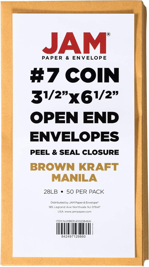 JAM PAPER #7 Coin Business Envelopes, 3 1/2 x 6 1/2, Brown Kraft Manila, 50/Pack with Peel and Seal Closure
