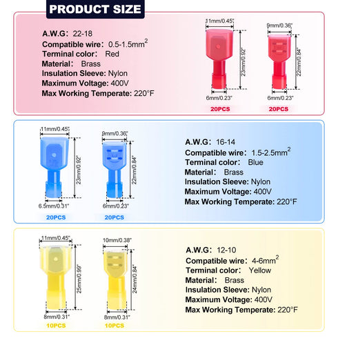 Twidec/100PCS Nylon Spade Connectors Kit 22-10 Gauge Male and Female Wire Spade Terminal Quick Disconnect Fully Insulated Wire Crimp Connector for Automotive Marine