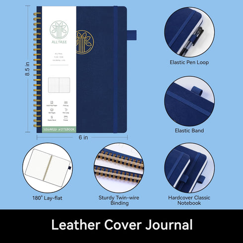 Large Graph Notebook Journal, A5 Medium, Spiral Bound Leather Hardcover Graph Notebook with Tabs and Pen.