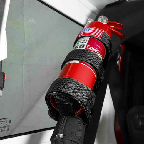 Adjustable Roll Bar Fire Extinguisher Mount Holder for 3 lb Jeep Wrangler Unlimited, Black with USA Flag
