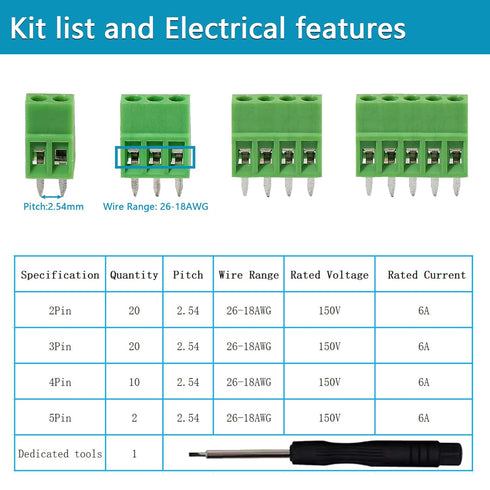 52PCS 2.54mm 0.1" Pitch PCB Mount Screw Terminal Block Connector, Minidodoca 2P 3P 4P 5P Terminals 150V 6A for 26-18AWG Cable,Equipped with Special Screwdriver
