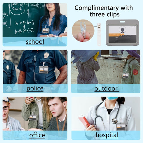 ID Badge Holder with Plastic Clip, Double-Sided Transparent Windows Horizontal Hard Grey Plastic Case for Office School