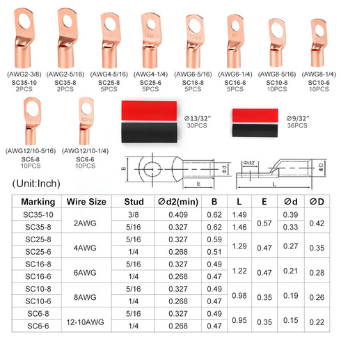 Copper Wire Lugs Terminal Connectors - 64Pcs Battery Cable Lugs Ends and 66Pcs Heat Shrink Tubing for AWG12 10 8 6 4 2
