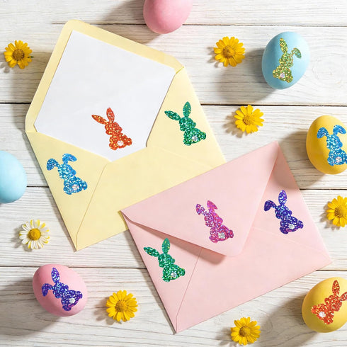 Fukaisu 500pcs 1.1x1.5in 6 Glitter Easter Egg Bunny Stickers, Holographic Rabbit Sticker Roll Colors Envelope Seals