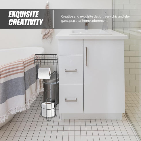 Freestanding Black Iron Bathroom Toilet Paper Holder with Storage Rack and Hollow Design Roll Dispenser for Household