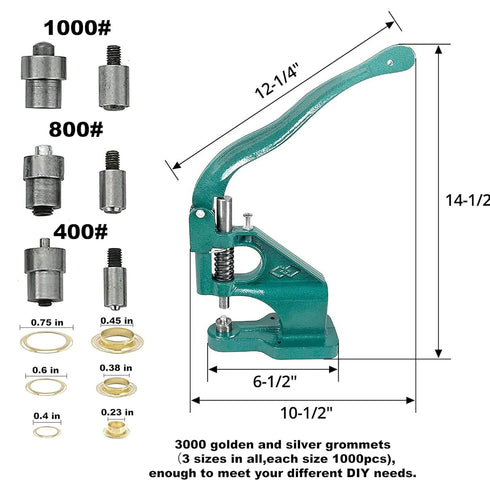 Hand Press Heavy Duty Eyelet Grommet Machine Punch Tool Kit with 3 Dies and 1500 Pcs Silver Grommets