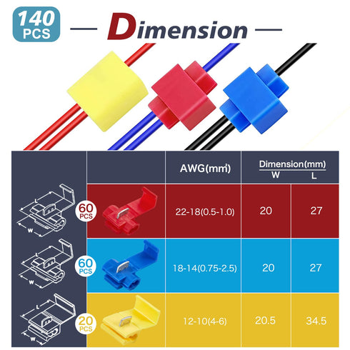 Chanzon 140pcs Quick Splice Wire Connectors Snap Kit for 22-10AWG Gauge, Red Blue Yellow Solderless Electrical Joiner