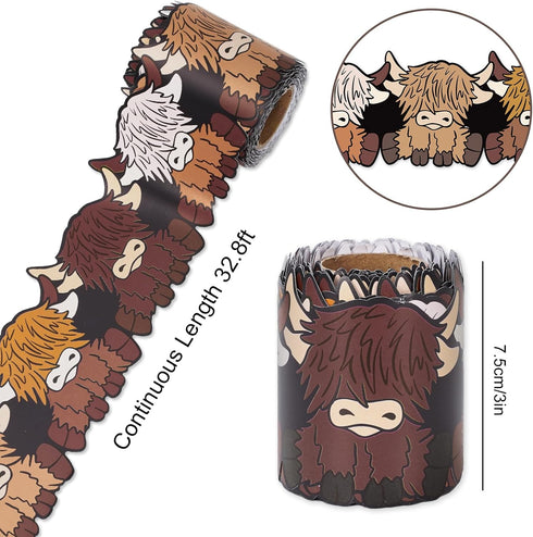 Whaline 32.8ft Highland Cow Bulletin Board Borders Cute Brown Cow Die-Cut Rolled Border Trim for Classroom Office Chalkboard Decoration
