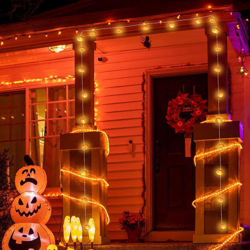 10FT 20 2 Halloween Decoration, LED Pumpkin String Lights, Battery Operated Mode Steady/Flickering Waterproof Halloween