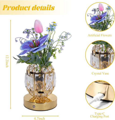 BVI BOOMERVIVI 3-Color Dimmable Flower Crystal Table Lamp, Small Night Light, Rechargeable Cordless Touch Lamp