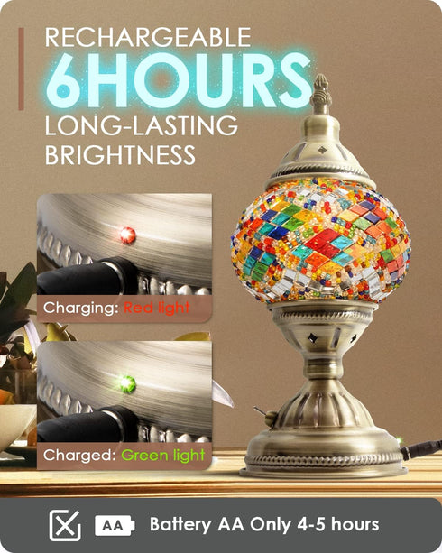 Yarra-Decor Turkish Moroccan Lamp, Handmade Tiffany Mosaic Glass Bedside Lamp with Rechargeable Battery, LED Bulb