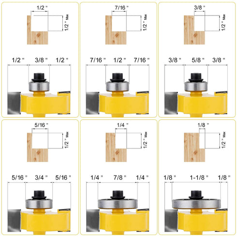 1/4-Inch 6 Set 1/8", 1/4", 5/16", 3/8", 7/16", 1/2" Shank Rabbet Router Bit with Bearings - Interchangeable Bearings
