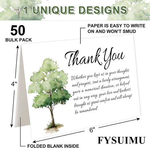 50Pcs FYSUIMU Funeral Thank You Cards Bulk Boxed Tree Sympathy Thank You Cards with Sticker Envelope Bereavement Card