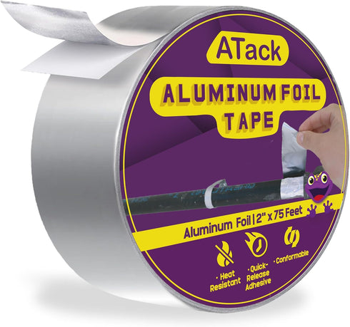 ATack Aluminum Foil Reflective Duct Tape, 2 Inches x 75 Feet, Heavy Duty Metal HVAC Tape for Duct Work, Furnace, AC