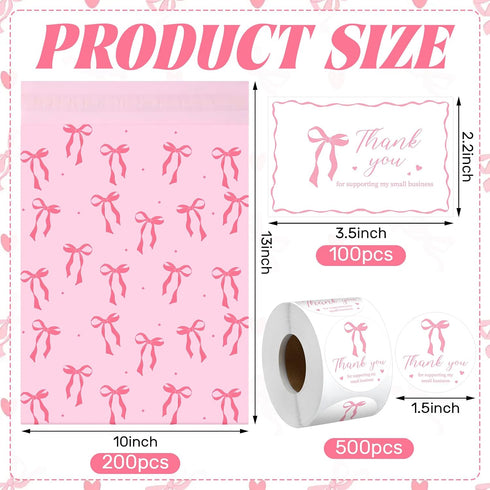 Maasechs 200 Pack 10x13 Set Set Pink Bow Poly Mailers Waterproof Self Adhesive Cute Shipping Bags with Thank Cards
