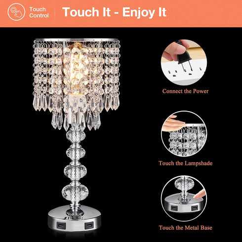 3 Dimmable Acaxin Crystal Table Lamps for Bedroom Nightstand - Touch Bedside Lamps with Two USB Charging Ports Silver