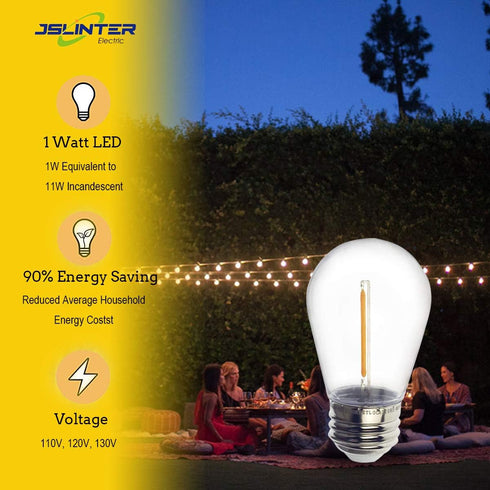Jslinter S14 1W Outdoor String Lights Bulbs, Shatterproof & Waterproof, 2200K Warm White, 11W Equivalent, E26 Base