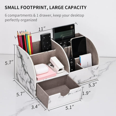 KINGFOM Pu Leather Desk Organizer - Pen Pencil Holder with 6 Compartments and Drawer, Gray Marble