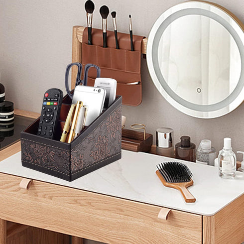 PU Leather TV Remote Control Holder with 3 Compartments, Nightstand Caddy Organizer, Storage Box for Media Accessories