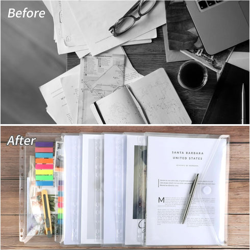 EOOUT 30Pcs Binder Pocket, Clear Poly Binder Envelope with Hook and Loop Closure, 11 Holes for School and Office