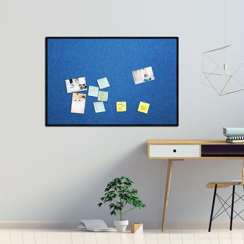 JILoffice Cork Linen Bulletin Board 36 X 24 Inch (Blue), Black Aluminum Frame Wall Mounted Memo Pin Board for Office