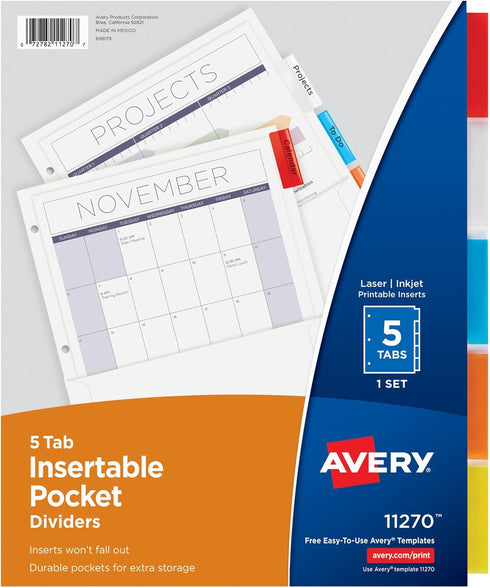 Avery Insertable Dividers with Pockets, 1 Set, 5 Multicolor Tabs (11270)