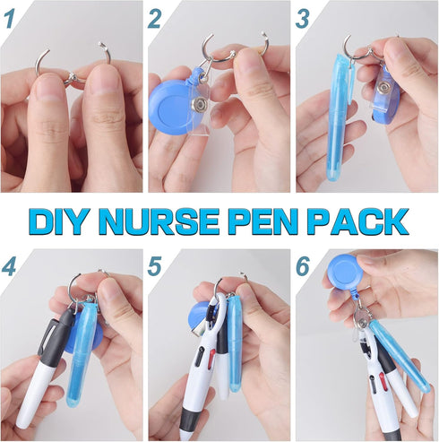 Nurse pen set include 6 pieces Tip Highlighter 6 pieces Permanent Marker Pen And 6 pieces Retractable Ball Pen Pack With 6 pieces Nurse Badge Clip Retractable ID Name Reels 24 Pieces