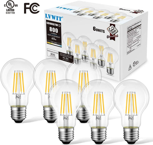 LVWIT A19 LED Vintage Filament Bulb, 6 Pack, Dimmable 7W (60W Equivalent), 2700K Warm White, 800 Lumens