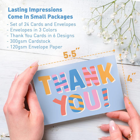 Set 24 S&O Fun Thank You Cards with Envelopes - Blank decor sheets for Handwritten Messages, Appreciation Cards