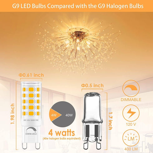 Sailstar G9 LED Bulb Dimmable, 40W Equivalent, 3000K Warm White, 400 Lumens, G9 Bi-pin Bulb, 4W, 6 Pack for Chandeliers.