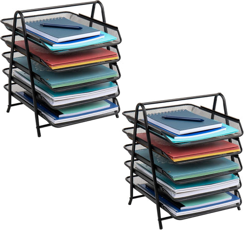 Mind Reader 5-Tier Paper Tray, Set of 2, Black Metal Mesh Desktop Organizer, File Storage, 11.75" L x 14" W x 14.5" H