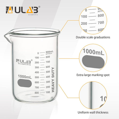ULAB Heavy Duty Glass Beakers, 2pcs 1000ml (33.8oz) Borosilicate 3.3 Glass, Thick Wall with Double Scale
