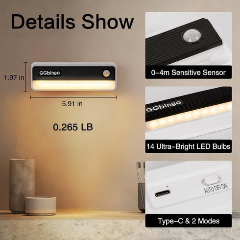 1800mAh 3000K Closet Motion Sensor Night Lights, Rechargeable Motion Activated Night Light, Battery Operated LED Sensor