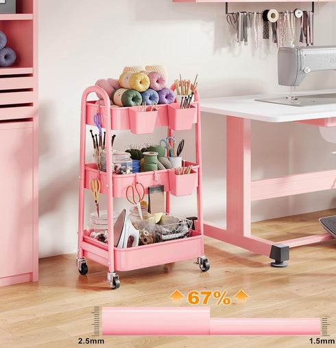 Osivaex 3 Tier Rolling Storage Cart Metal with Wheels, Pink Three Tiered Craft Cart Organizer on Wheels, Utility Carts