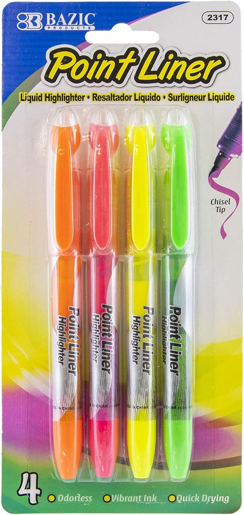 BAZIC Pen Style Liquid Highlighters, Cushion Grip, 3 Per Pack (2317-24P)