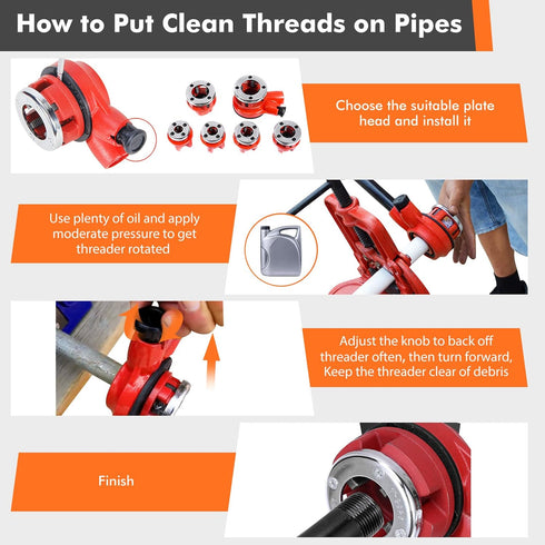 Set 6 1/4", 3/8", 1/2", 3/4", 1", 1-1/4" Goplus Ratchet Pipe Threader Kit, Ratcheting Pipe Threading Tool w/ Dies