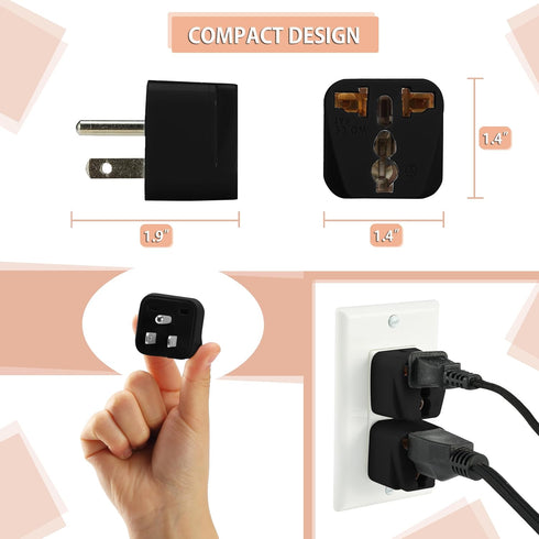 Bates Universal Travel Adapter, 2 Pack, Black, UK to US Plug Adapter, European to American Plug Adapter