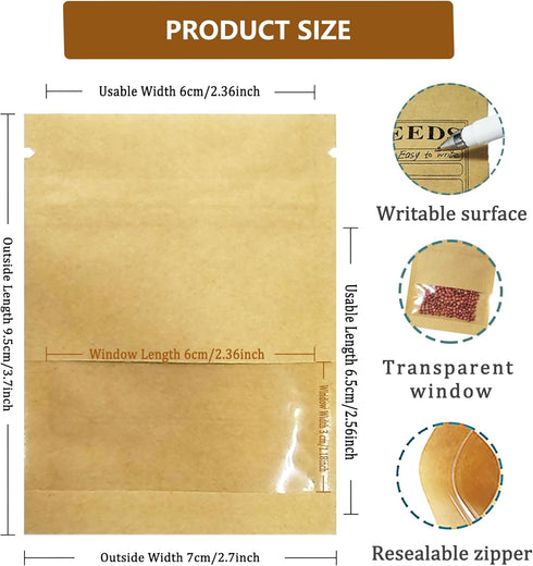 PABCK 100 Pack Small Resealable Seed Envelopes 2.7x3.7inch, Brown Kraft Paper with Seed Collecting Template