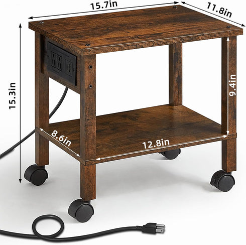 YUFAM 2 Tier Under Desk Printer Stand with Storage, Small Printer Table with Charging Station, Rolling Printer Cart