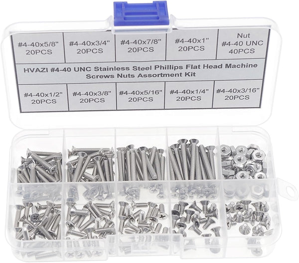 #4-40 UNC Stainless Steel Phillips Flat Head Machine Screws Assortment Kit with Nuts