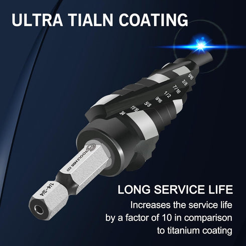M35 Four Spiral Flute Cobalt Step Drill Bit, 1/4"-3/4" Wear-Resistant TiAlN Coated for Metal, Wood, Plastic