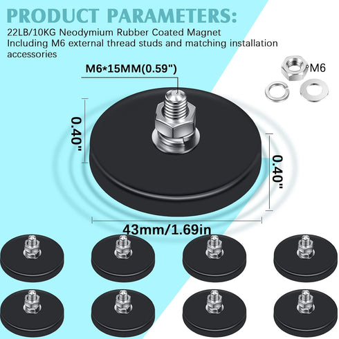 M6 Tools(8 Packs,Black,1.69 Inch) Flutesan Neodymium Magnet Rubber Coated Mounting Small Scratch Safe Black Stud Magnet