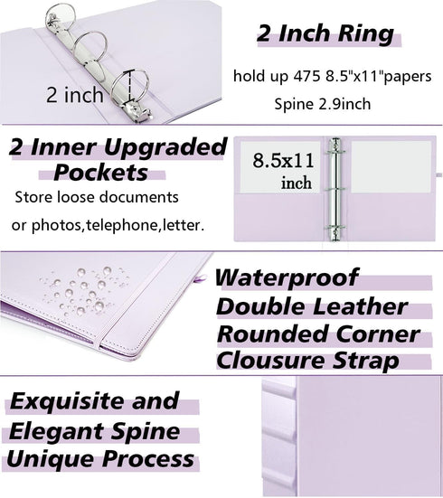 Leather 3 Ring Binder, 2 Inch with Clipboards, 5-Tabs Pockets, 18 Divider Stickers, Purple