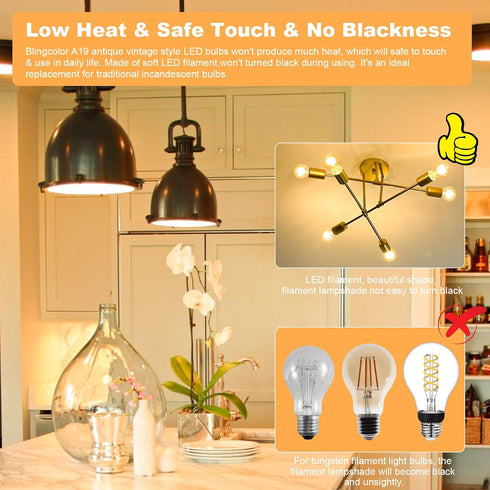 A19 E26 Bulbs 6W 60 6 Pack Dimmable E26 Bulbs 2200K, A19 Bulb 400LM Vintage Edison LED Equivalent Watt, LED Edison