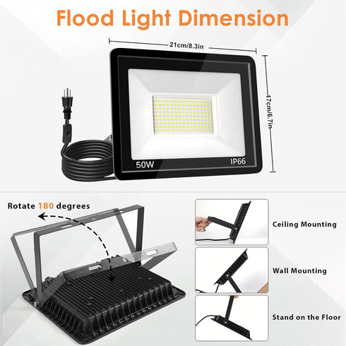 50W 6500K White,12000LM Light,IP66 LED Flood Light Outdoor Daylight Super Brighter LED Work Waterproof Security Light