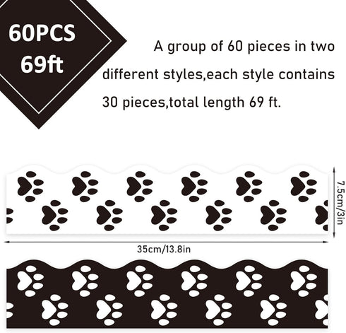 Whaline 69Ft Dog Paw Bulletin Board Border White Black Pet Paw Decoration Borders Animal Print Trim Border Cute Bulletin Board Stickers for School Classroom Office Party Decoration by Whaline